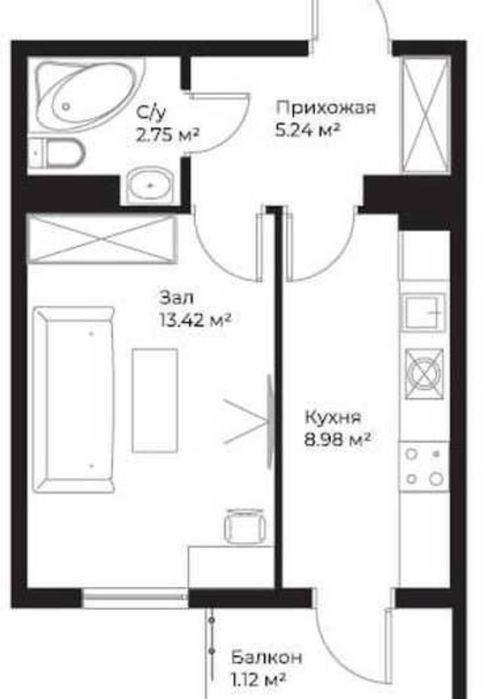 1-xonali kvartira, 32 m²