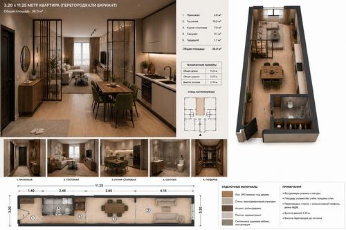 1-xonali kvartira, 36 m²
