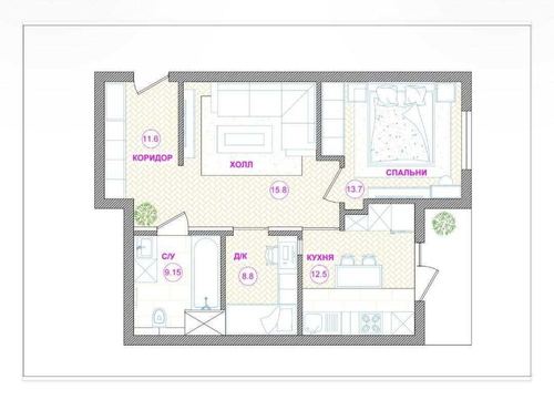 2-xonali kvartira, 55 m²