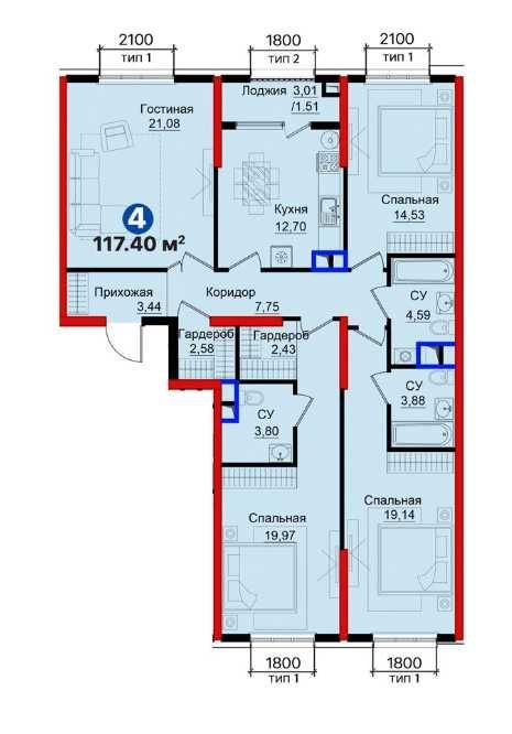 4-xonali kvartira, 116.27 m²