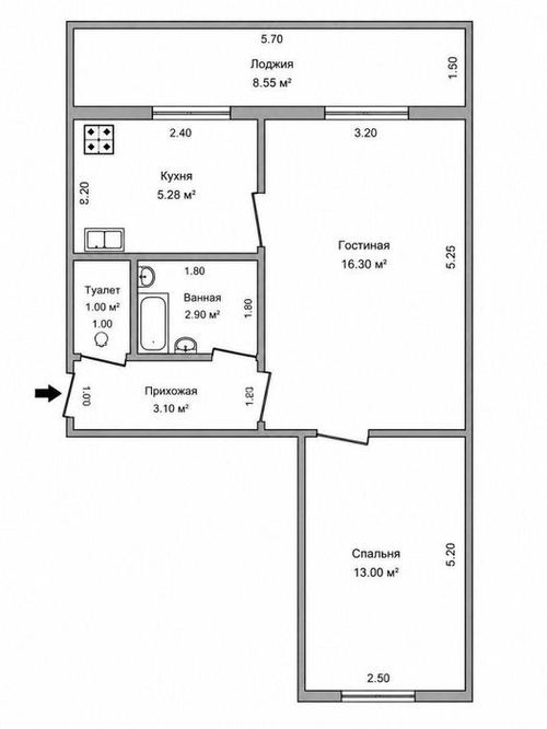 2-room apartment, 55 m²