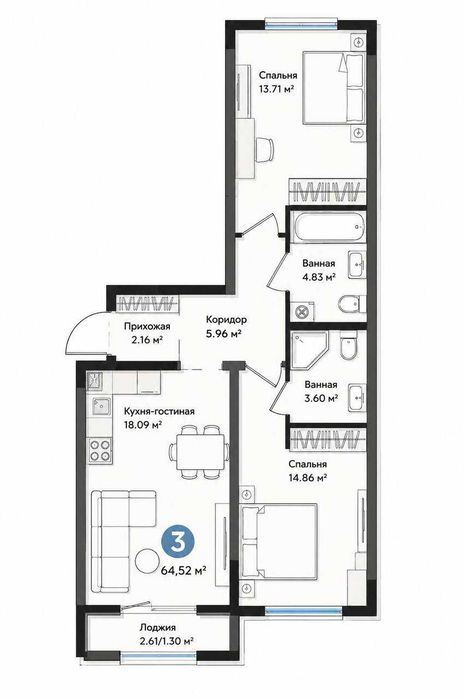 3-xonali kvartira, 65 m²