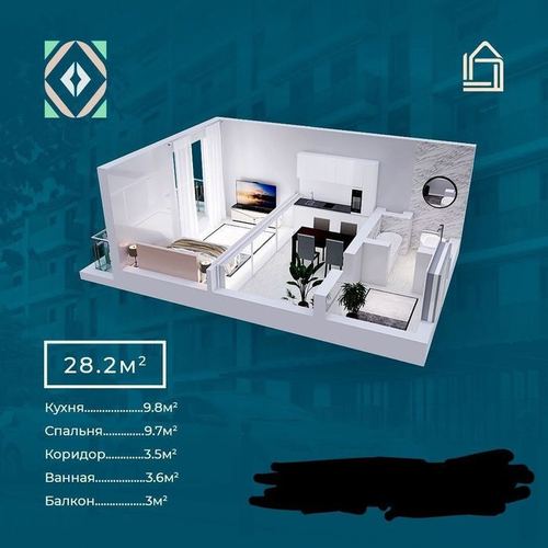 1-room apartment, 28 m²
