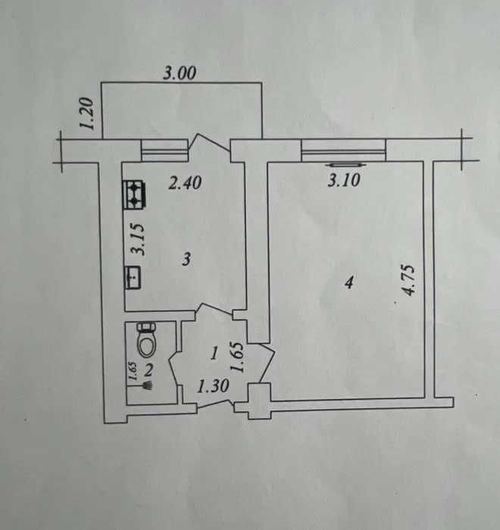 1-xonali kvartira, 28 m²