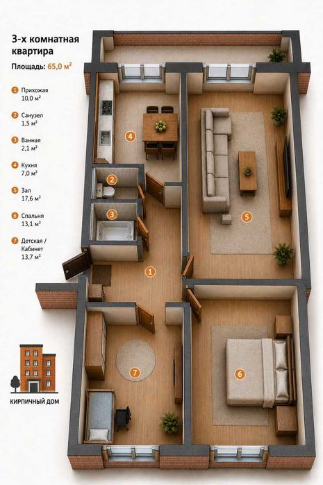 3-xonali kvartira, 72 m²