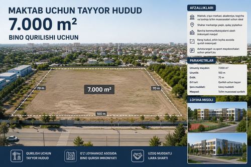 Maktab qurish uchun tayyor hudud | 7 000 m² | Uzoq muddatli ijara