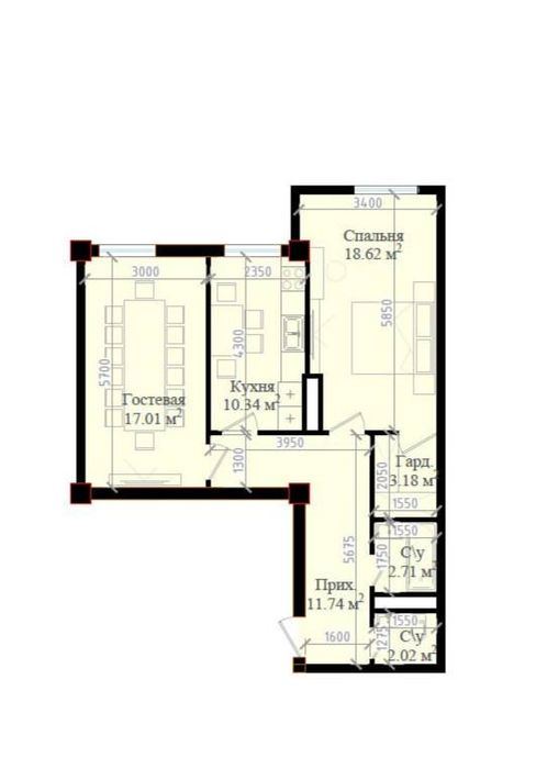 3-xonali kvartira, 65.61 m²
