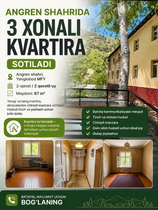 3-room apartment, 67 m², Angren, for sale