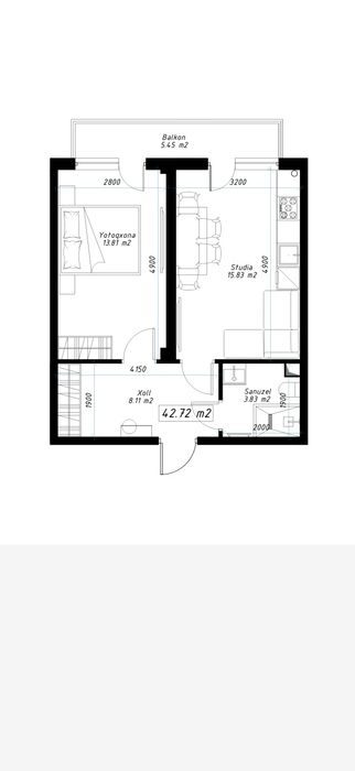 1-комнатная квартира, 42 м², Бекабад, на продажу