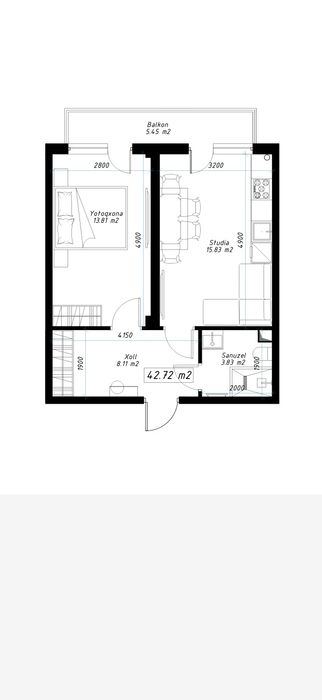 1-комнатная квартира, 42 м²
