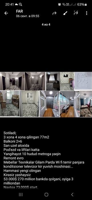 4-xonali kvartira, 73 m², Zangiota, sotuvga