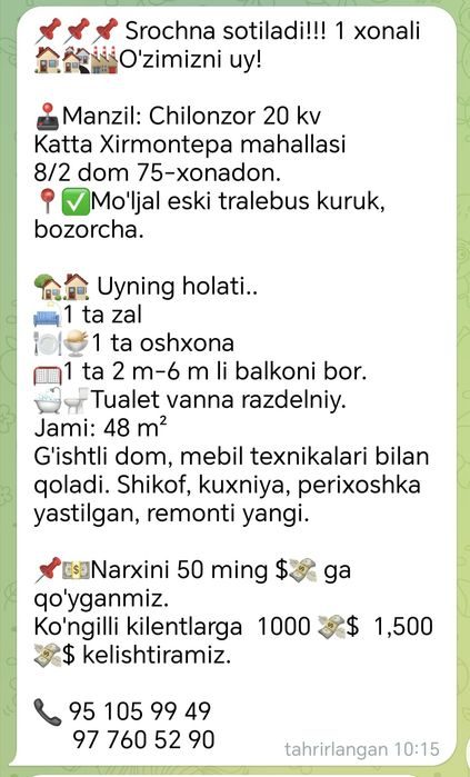 1-xonali kvartira, 48 m², Zangiota, sotuvga