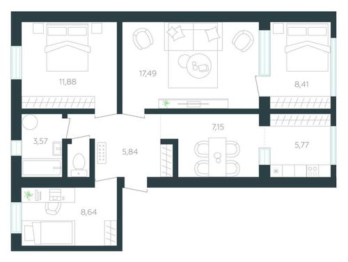 3-xonali kvartira, 68.75 m²