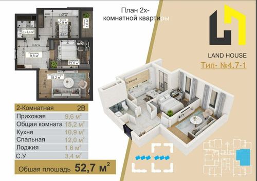 2-комнатная квартира, 53 м²