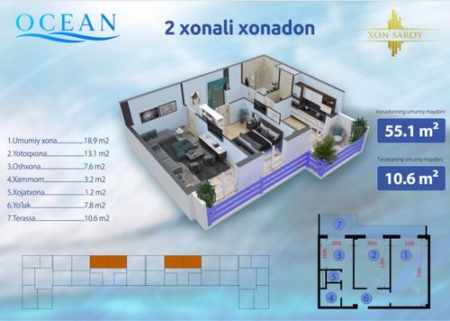 2-xonali kvartira, 65 m²
