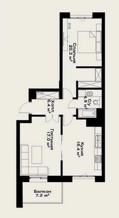 2-комнатная квартира, 63 м²