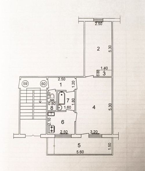 2-xonali kvartira, 50 m²