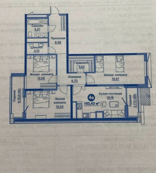 4-xonali kvartira, 105 m²