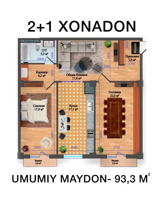 3-room apartment, 93.3 m², Tashkent, Almazar District, for sale