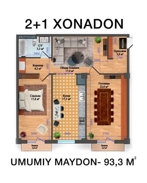 3-room apartment, 93.3 m²