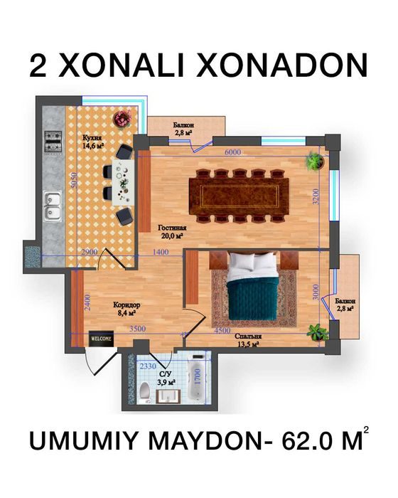 2-room apartment, 62 m², Tashkent, Almazar District, for sale