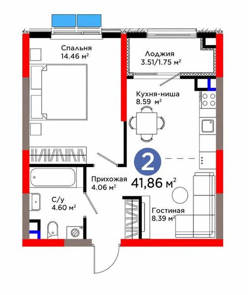 2-комнатная квартира, 42 м²