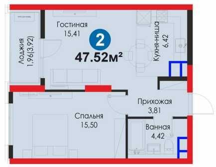 2-xonali kvartira, 47.52 m²