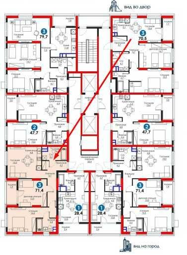 3-xonali kvartira, 71.4 m²