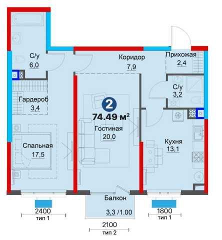 2-xonali kvartira, 75.54 m²