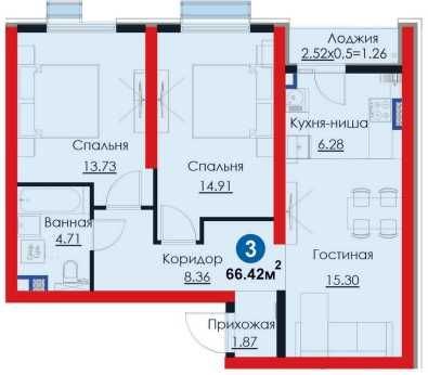 3-xonali kvartira, 66.42 m²