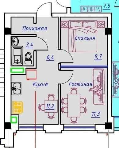 2-xonali kvartira, 41 m²