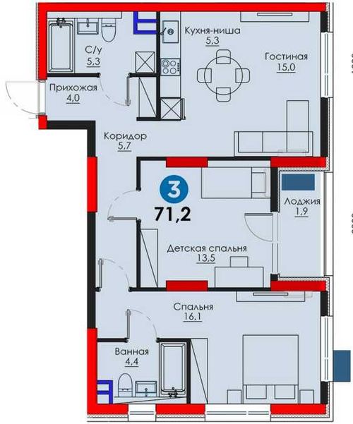 3-xonali kvartira, 71.2 m²