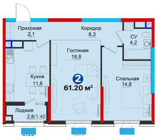 2-xonali kvartira, 61.2 m²