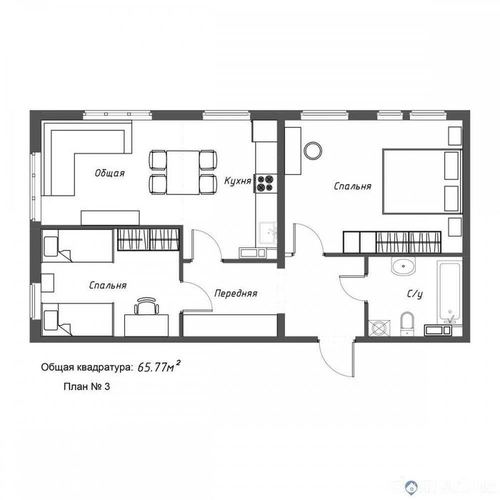 3-xonali kvartira, 65 m²