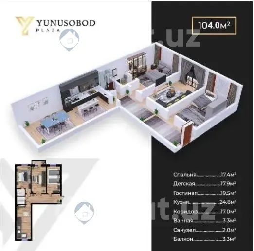 3-xonali kvartira, 105 m², Toshkent, Yunusobod tumani, sotuvga