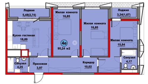 3-xonali kvartira, 95 m²