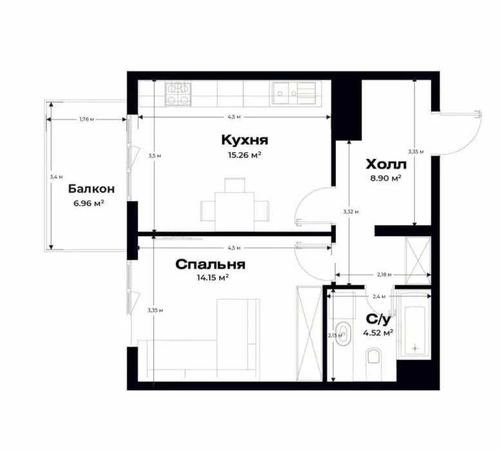 1-room apartment, 41 m²