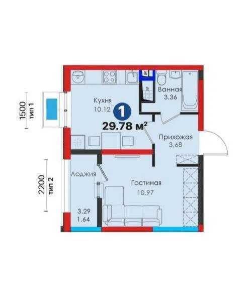 1-xonali kvartira, 30 m²