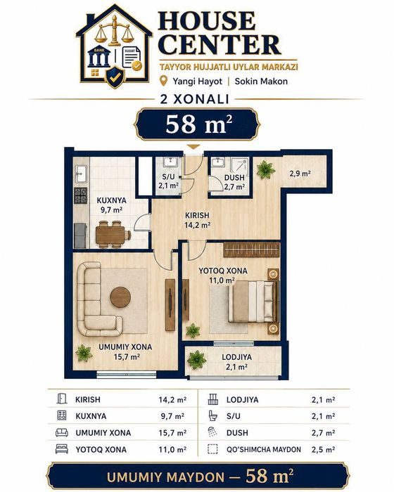 2-room apartment, 58 m², Tashkent, Sergeli District, for sale