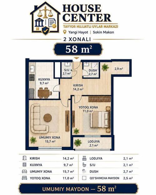 2-room apartment, 58 m²