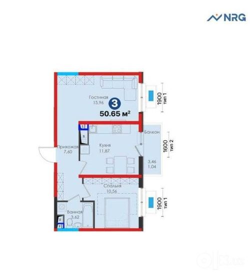 2-xonali kvartira, 51.72 m²