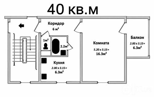 1-комнатная квартира, 38.5 м²