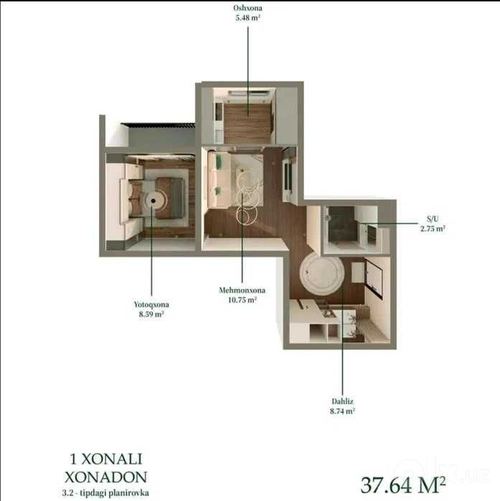 1-room apartment, 37 m²