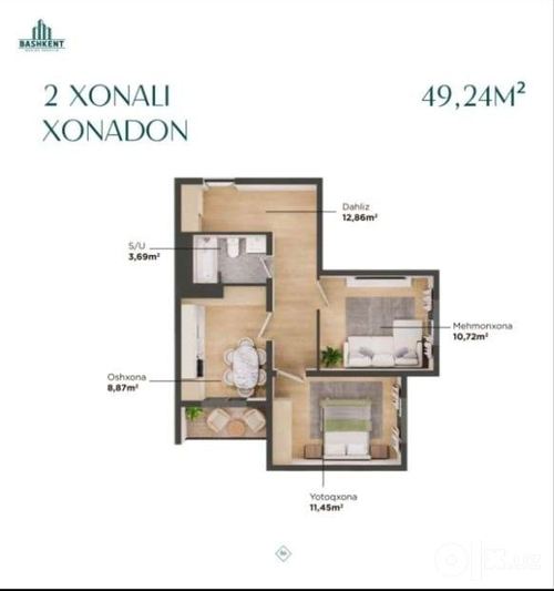2-xonali kvartira, 50 m²