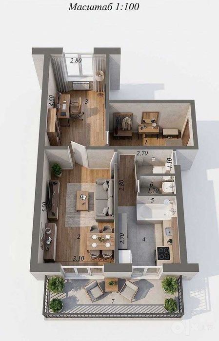 2-room apartment, 55 m²