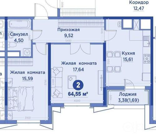 2-xonali kvartira, 64.55 m²