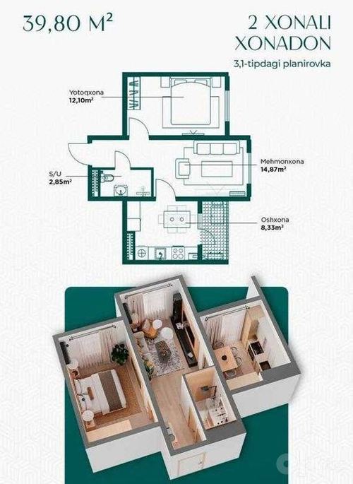 2-xonali kvartira, 41 m²