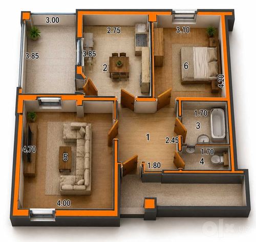 2-xonali kvartira, 55 m²