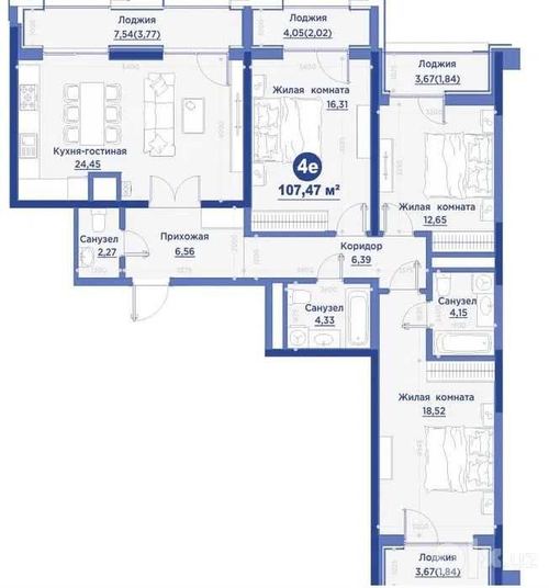 4-комнатная квартира, 107 м²