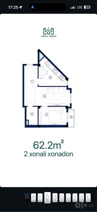2-room apartment, 62.2 m²
